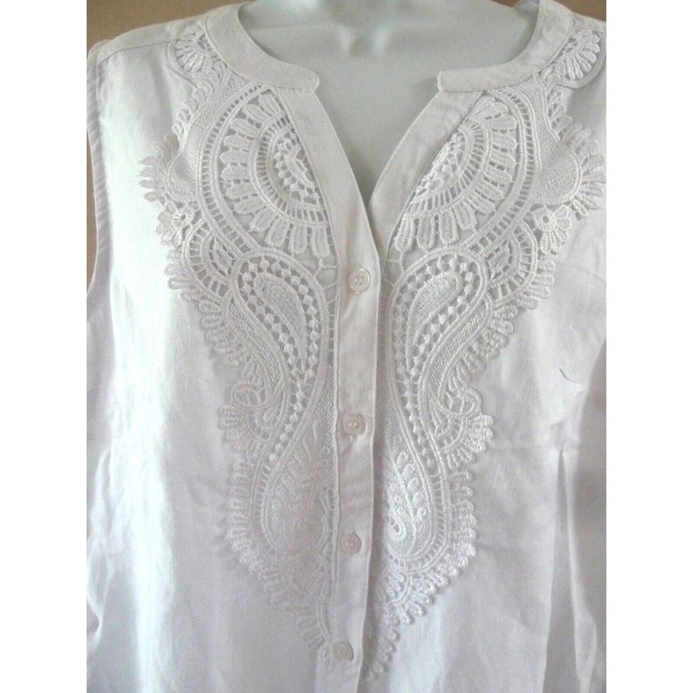 Emily Daniels White Linen Blend Sleeveless Lace Front Blouse Sz L 12/14